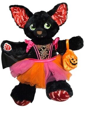 Build-A-Bear Boo-rrific black bat with pink and orange tulle Halloween outfit
